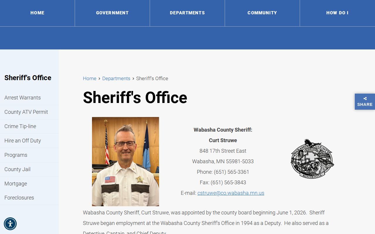 Wabasha County Jail release records route on the Sheriff page