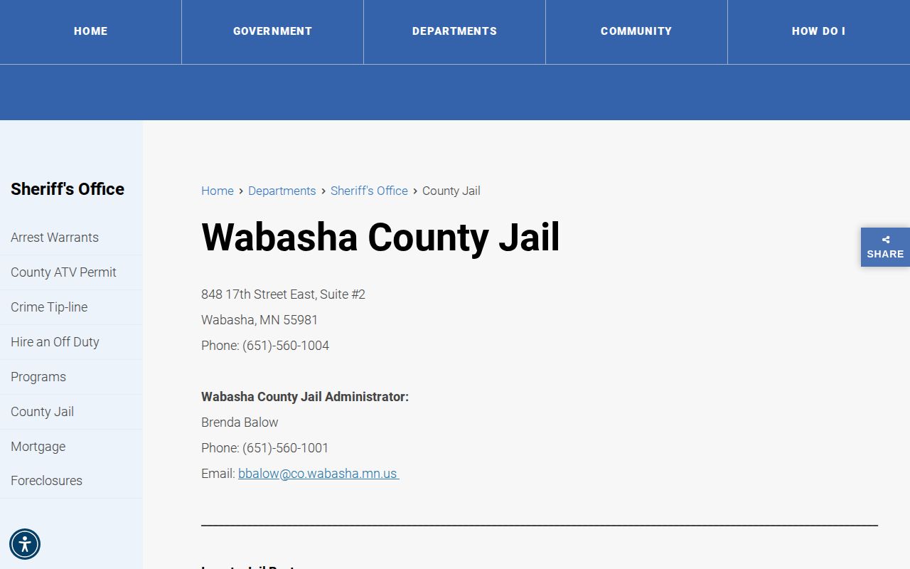 Wabasha County jail release record and current roster page
