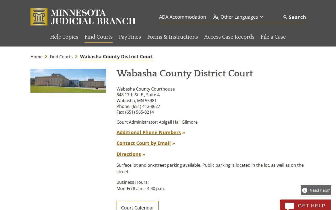 Wabasha District Court release record contact page