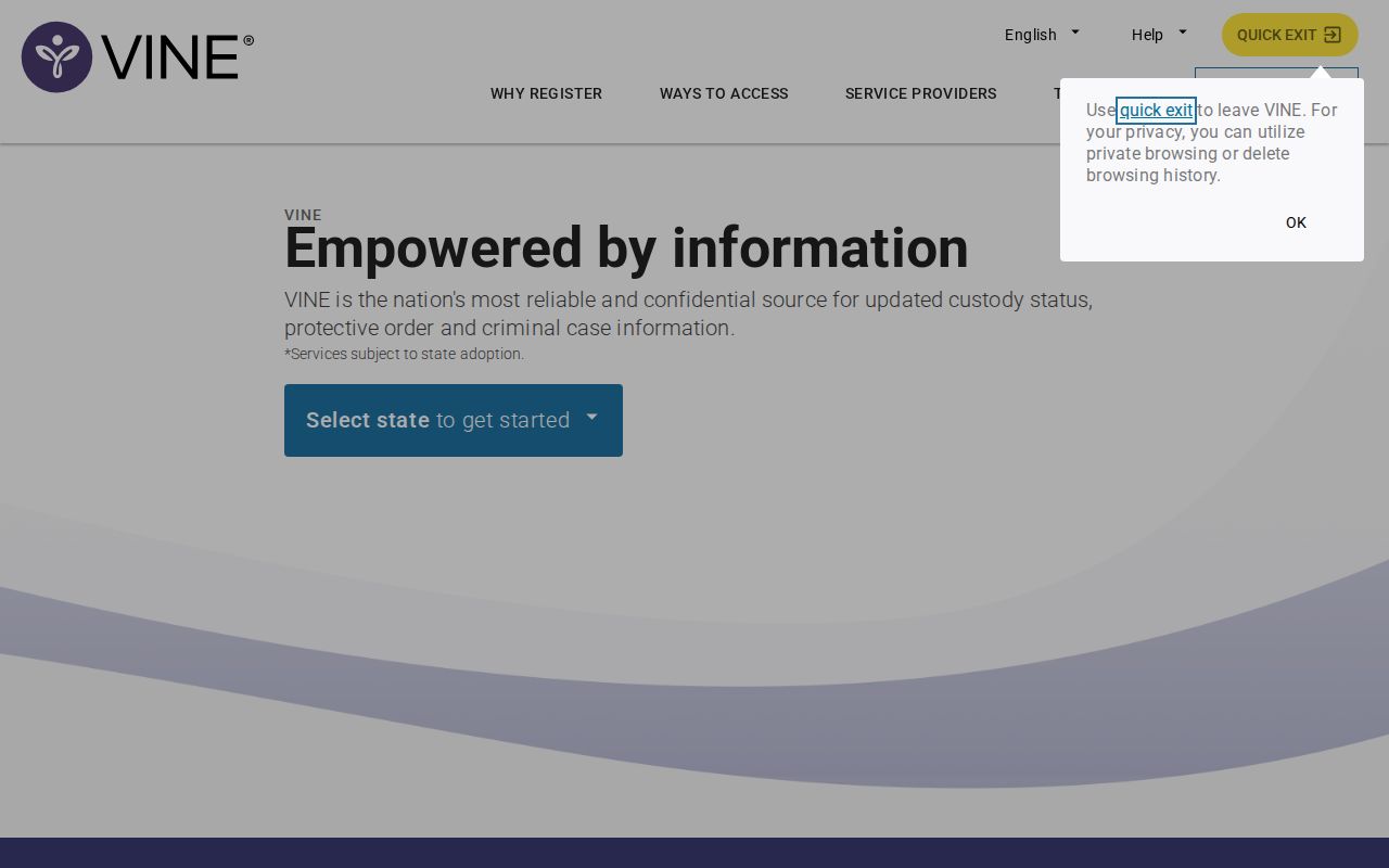 VINELink inmate search screen for Wabasha County release notifications