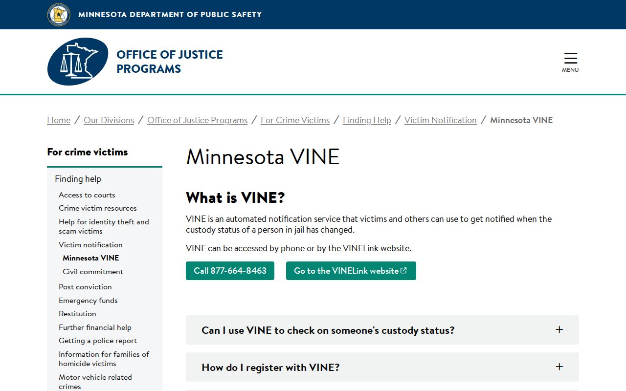 Official Minnesota VINE information for Wabasha County custody alerts